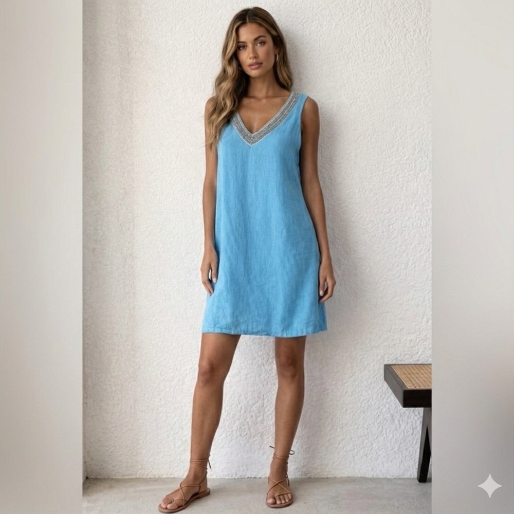 120% Lino Blue Embellished Linen V-Neck Shift Dress M/L